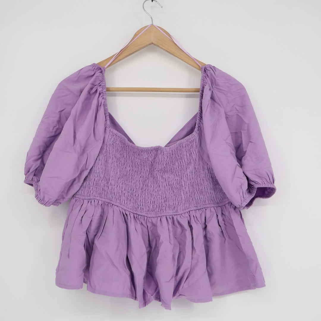 Idem Ditto Puff Sleeve Peplum Top Lavender Purple V-Neck Smocked Back Large