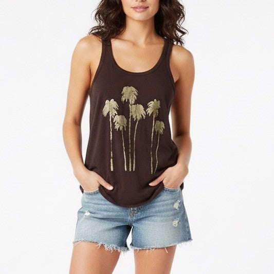 Brown Tank Top Palm Tree Graphic Racerback Lightweight Size L
