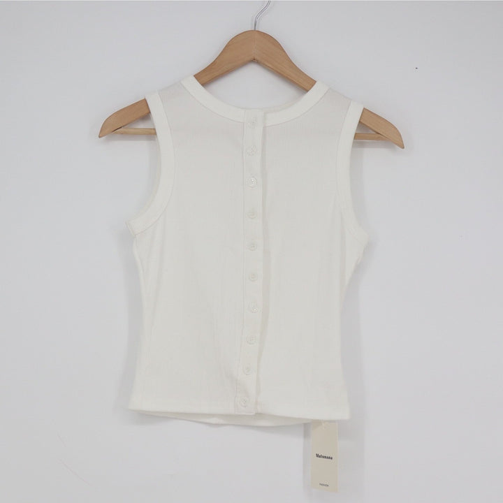Matunana Womens Ribbed Tank Top White Button Back Sleeveless Crew Neck Small NEW
