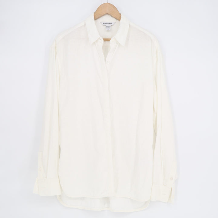 Athleta Shirt Womens Medium White Linen Long Sleeve Spread Collar Button Up