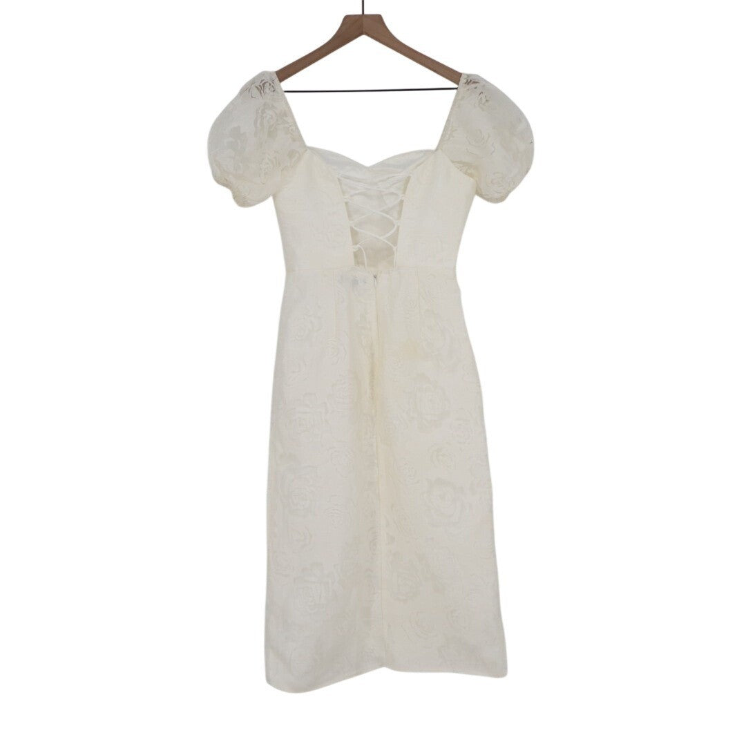 Lulus Odetta Midi Dress Womens Small White Cotton Burnout Puff Sleeve Lace-Up