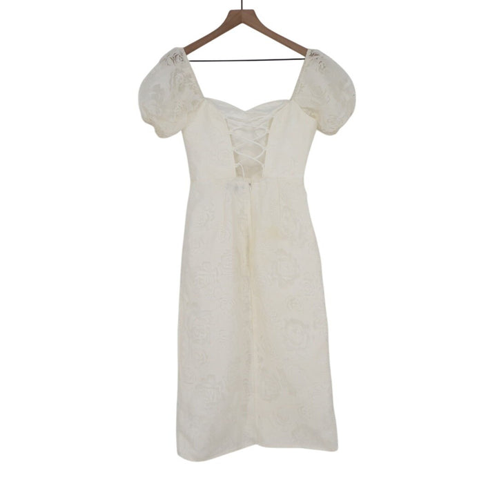 Lulus Odetta Midi Dress Womens Small White Cotton Burnout Puff Sleeve Lace-Up