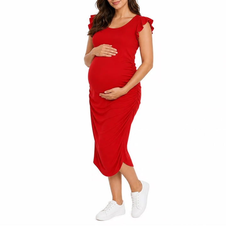 B-home Womens Maternity Bodycon Dress Red Ruffle Cap Sleeve Ruched Size M