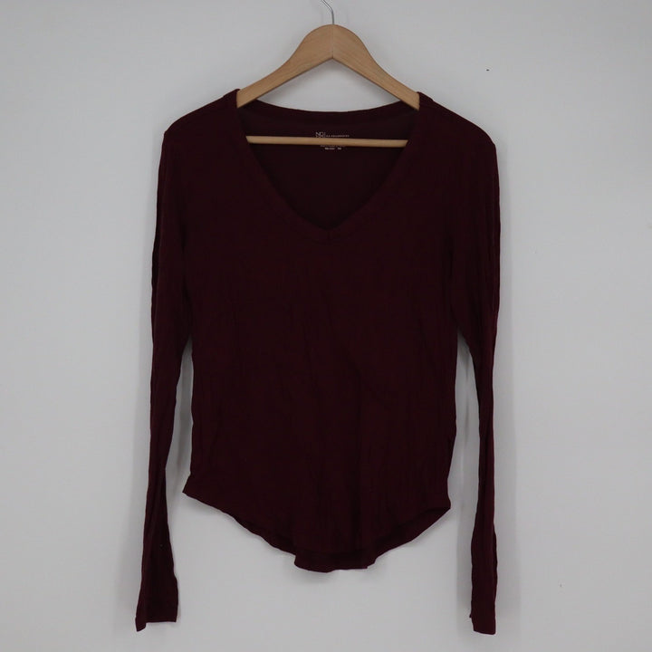 No Boundaries Burgundy V-Neck Long Sleeve Top Curved Hem XS
