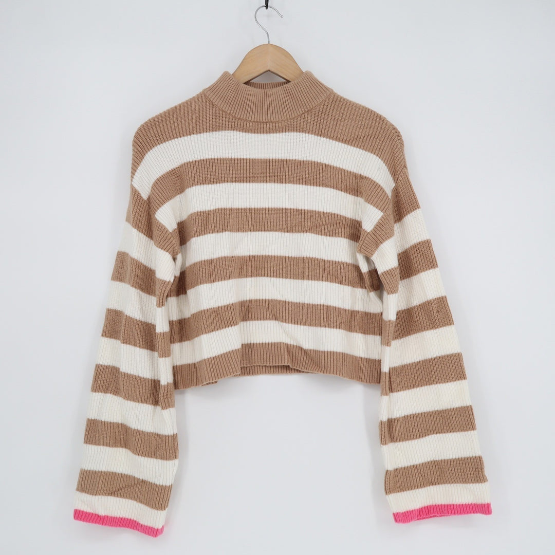 Sincerely Jules Womens Small Tan White Striped Mock Neck Cropped Sweater