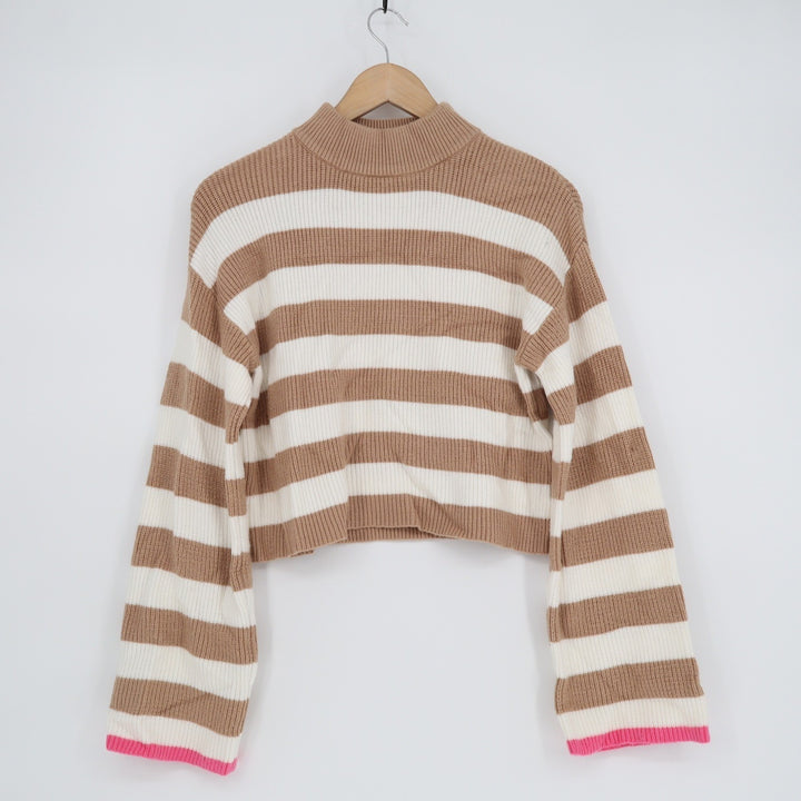 Sincerely Jules Womens Small Tan White Striped Mock Neck Cropped Sweater