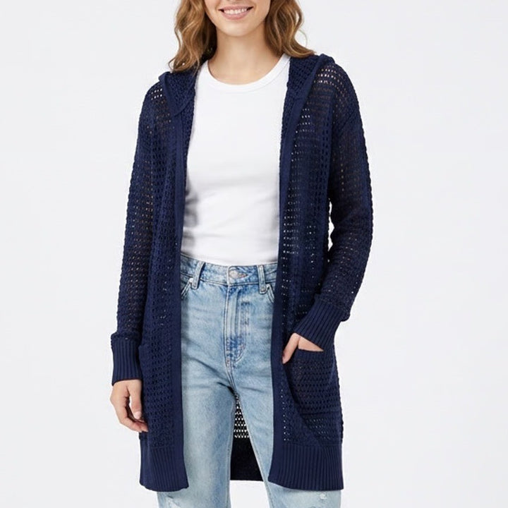 GAP Navy Blue Open Knit Hooded Cardigan Sweater Longline Cotton Womens Medium