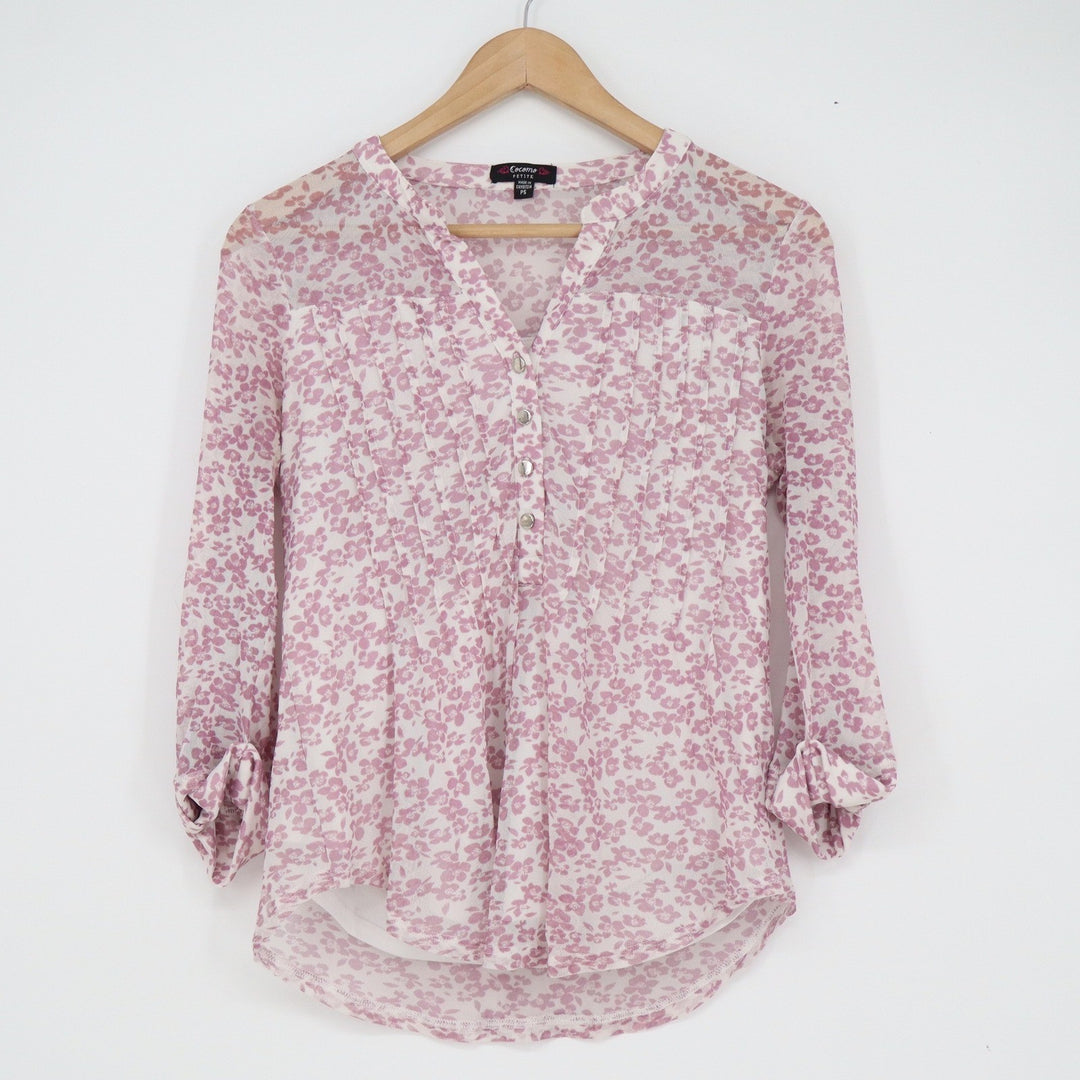 Cocomo Petite Pink Floral Mesh Roll Tab Sleeve Pintuck Blouse PS