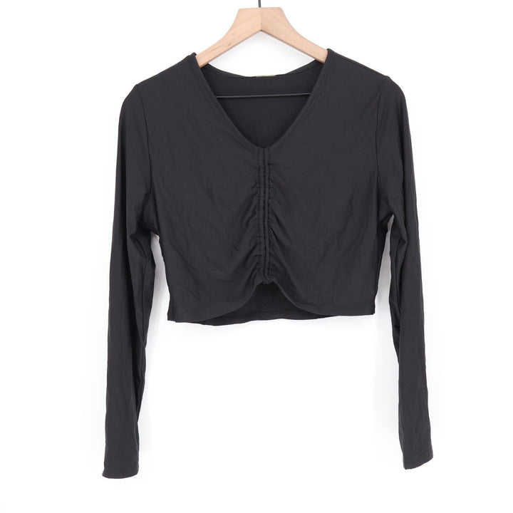 CALIA Womens LS Ruched Rashguard Pure Black UPF 50+ Cropped Top Large
