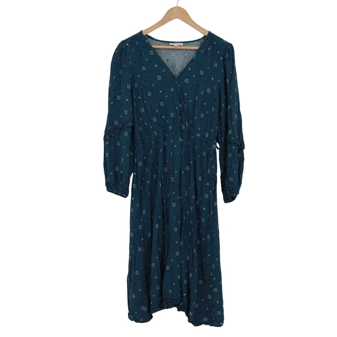 Knox Rose Womens Teal Blue Floral Faux Wrap Midi Dress Long Sleeve Size M Boho