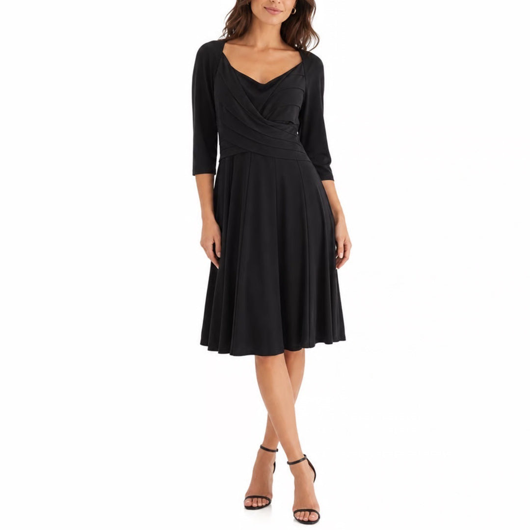Jones New York Dress Woman Black Pleated Surplice Midi Dress 14W 3/4 Sleeve