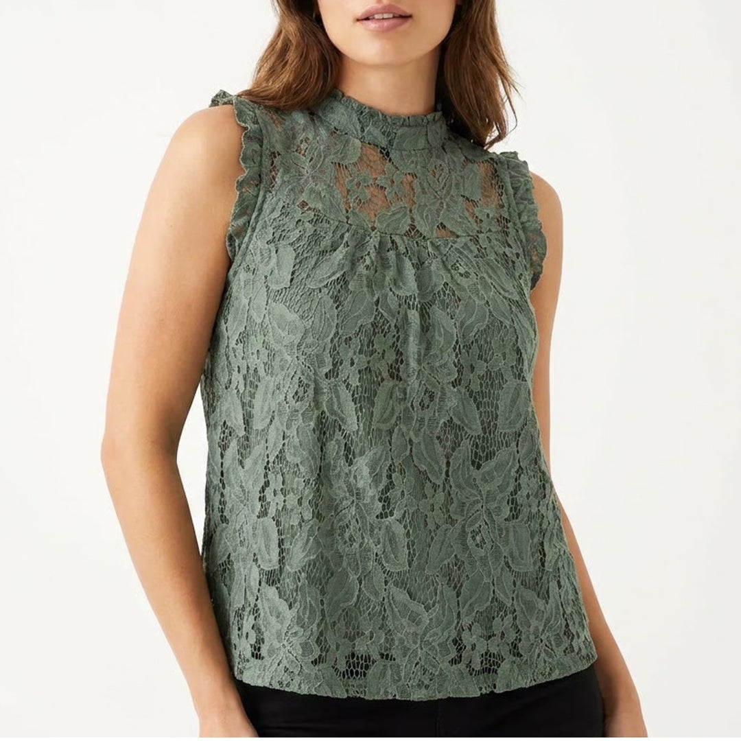 Lily White Blouse Womens S Sage Green Floral Lace Mock Neck Sleeveless Pullover