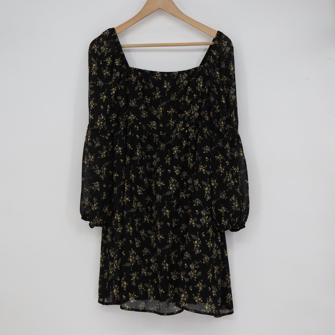 EXLURA Black Yellow Floral Chiffon Mini Dress Square Neck Long Sleeve L