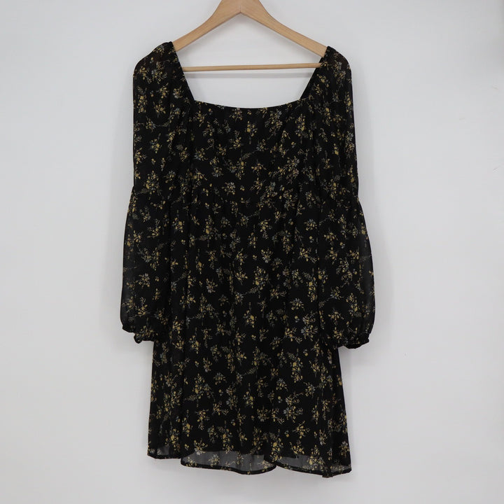 EXLURA Black Yellow Floral Chiffon Mini Dress Square Neck Long Sleeve L