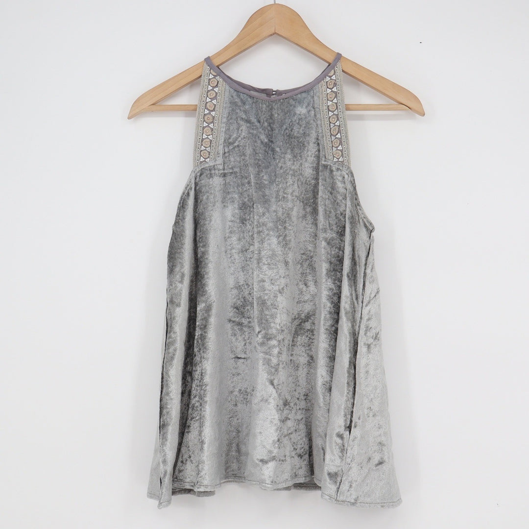 Blank London Silver Grey Crushed Velvet Embellished Halter Top XS Boho Sequin