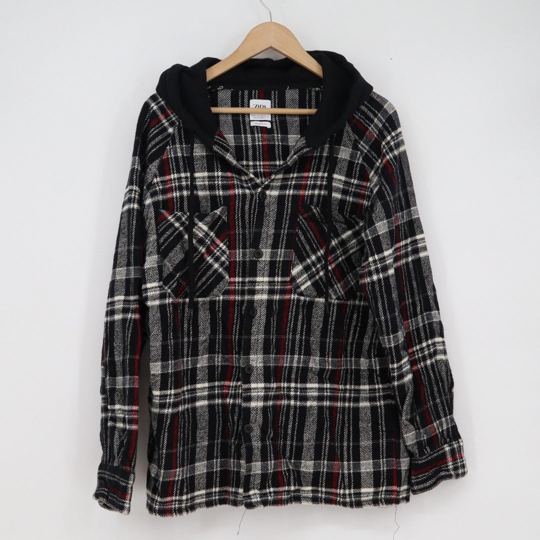 Zara Mens Relaxed Fit Hooded Flannel Shirt Plaid Black Red White Medium 12045