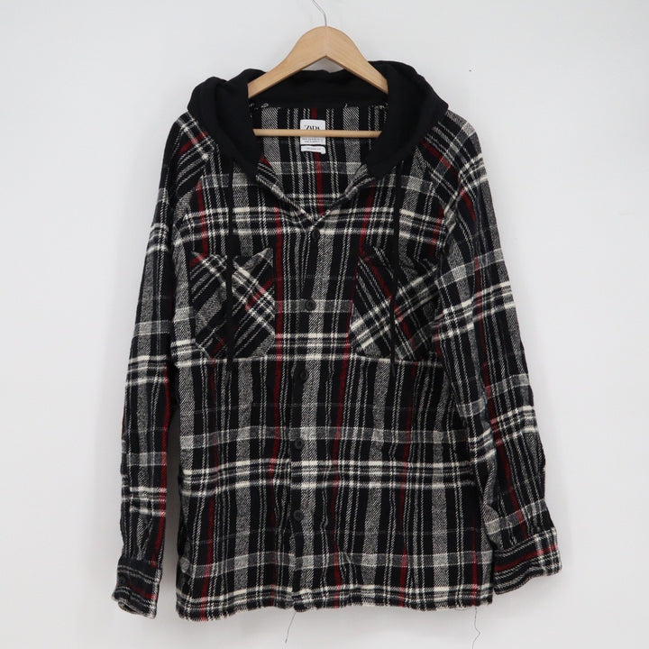 Zara Mens Relaxed Fit Hooded Flannel Shirt Plaid Black Red White Medium 12045
