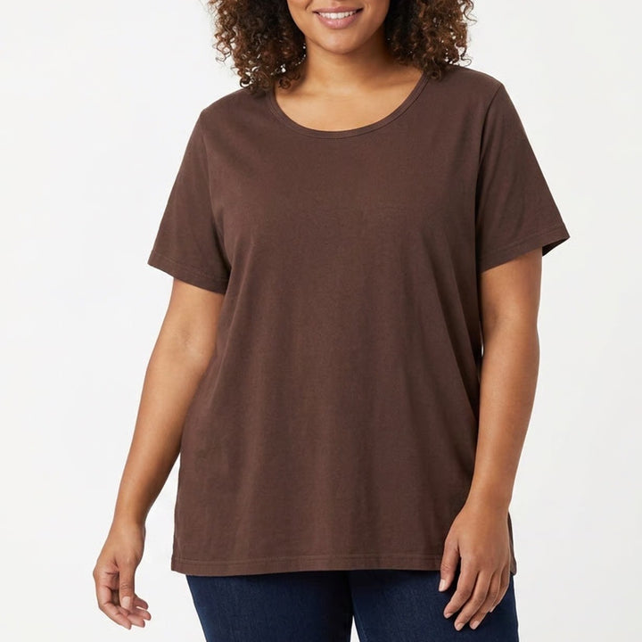 Woman Within Brown Cotton Short Sleeve T-Shirt Plus Size 2X Casual Basic Tee