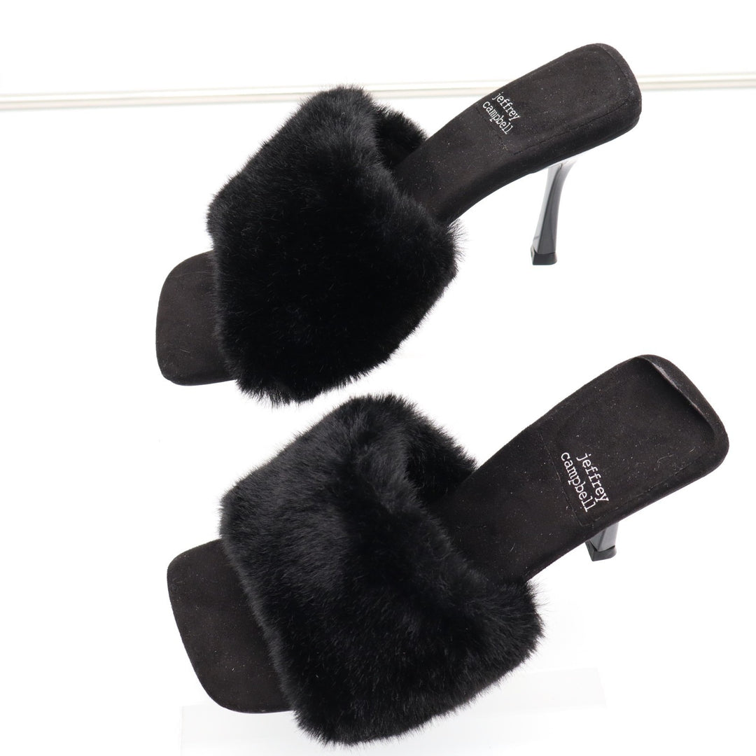 Jeffrey Campbell Utopic Slide Womens US 7.5 Black Faux Fur Stiletto Heel Sandals
