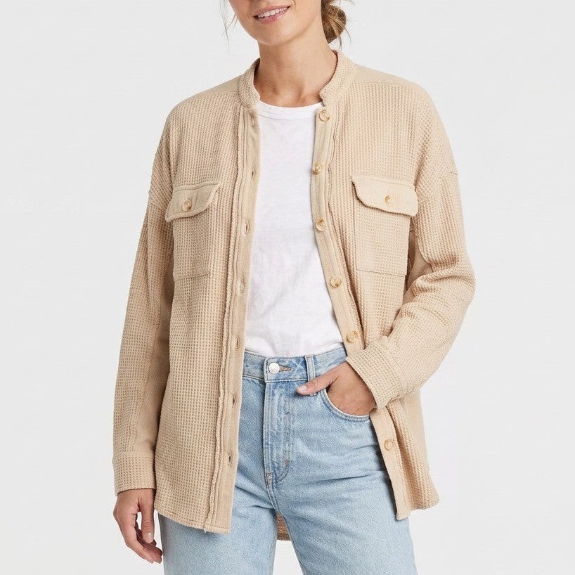 Womens Shacket Jacket Medium Beige Waffle Knit Cotton Long Sleeve Button Front