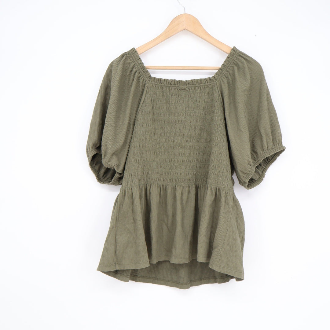 Old Navy Womens XL Olive Green Smocked Puff Sleeve Peplum Square Neck Blouse Top