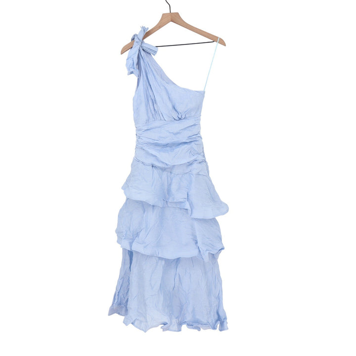 Showpo Eugenia Midi Dress One Shoulder Ruffle Tiered Pale Blue Size 4