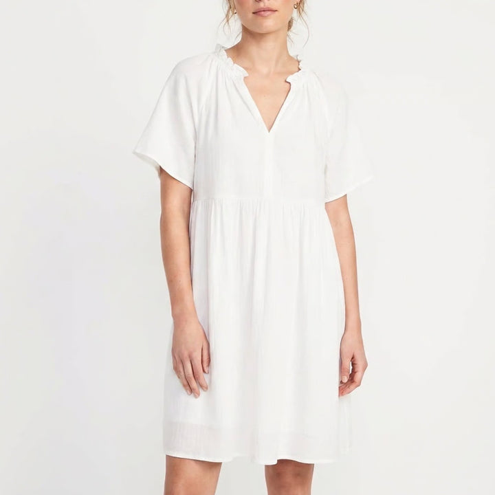 Old Navy Babydoll Dress Women Medium White Cotton Pleated Split Neck Side Pocket