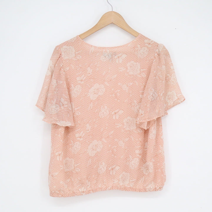 Express Womens Peach Floral Flutter Sleeve V-Neck Blouson Blouse Top Size M