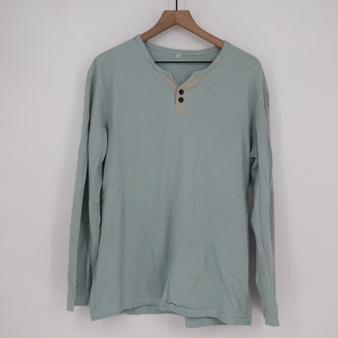Long Sleeve Henley Shirt Size L Light Blue Cotton Blend Buttons