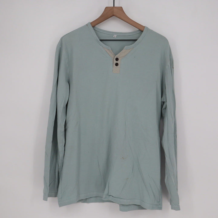 Long Sleeve Henley Shirt Size L Light Blue Cotton Blend Buttons