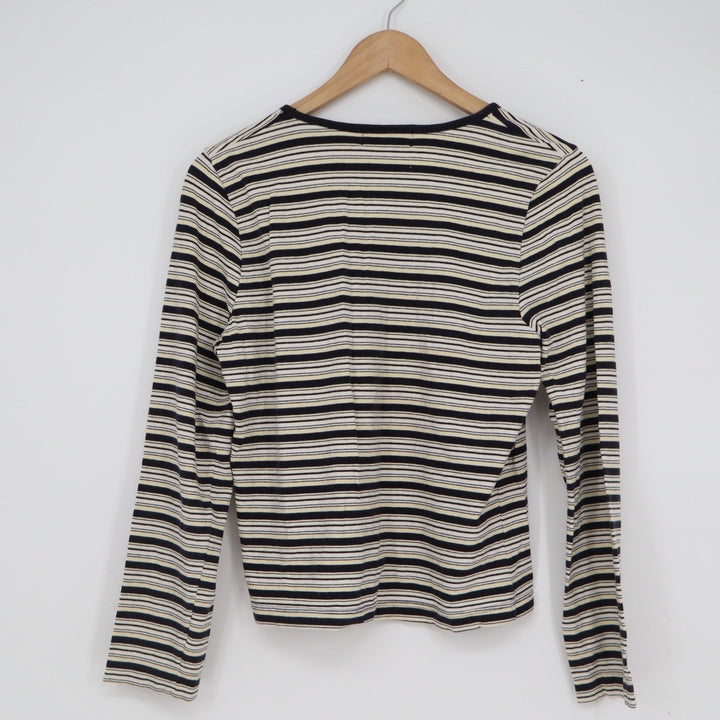 Style & Co Petite Womens Medium Black Cream Striped Long Sleeve Crew Neck Top