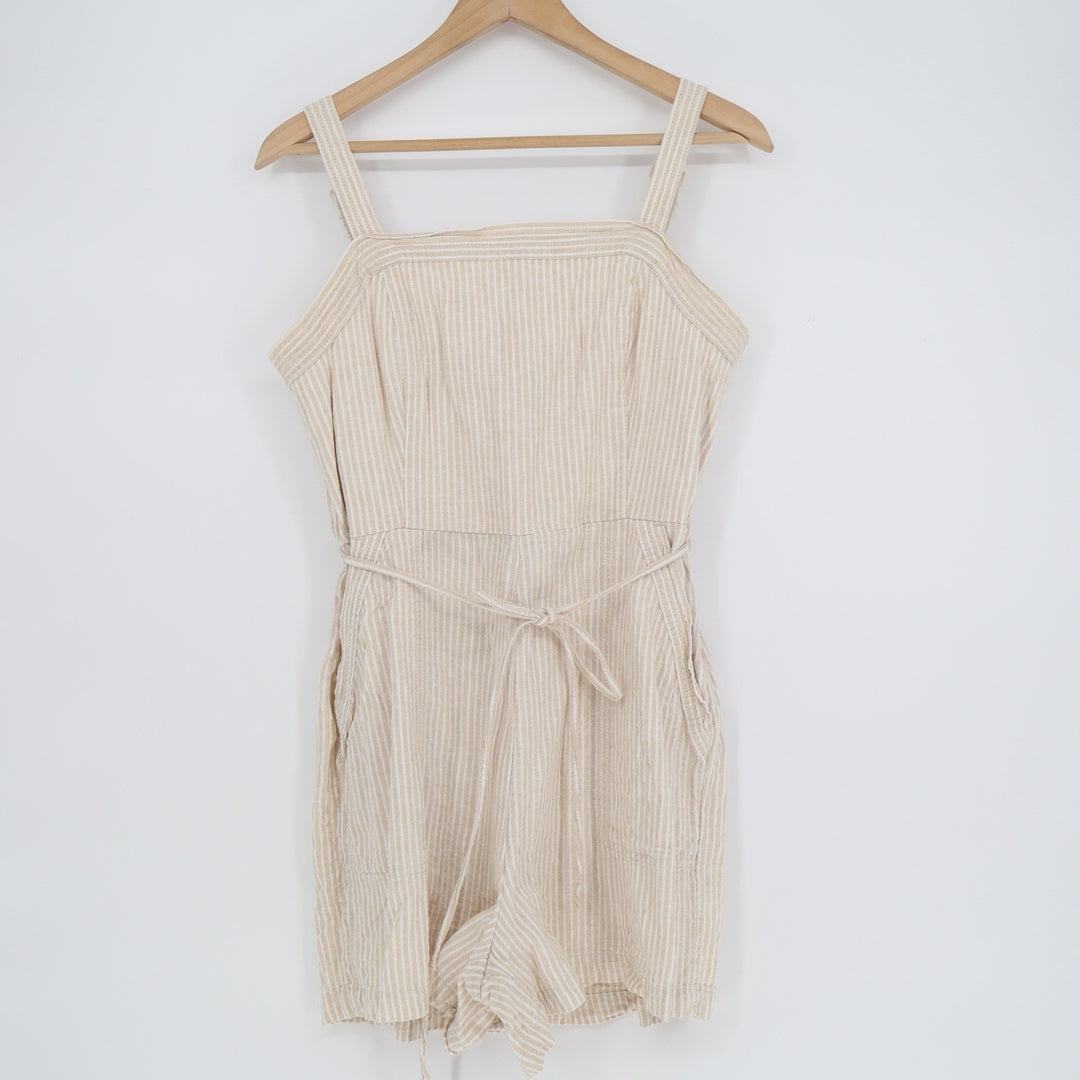 Old Navy Womens Tan White Striped Linen Blend Romper Pockets Large