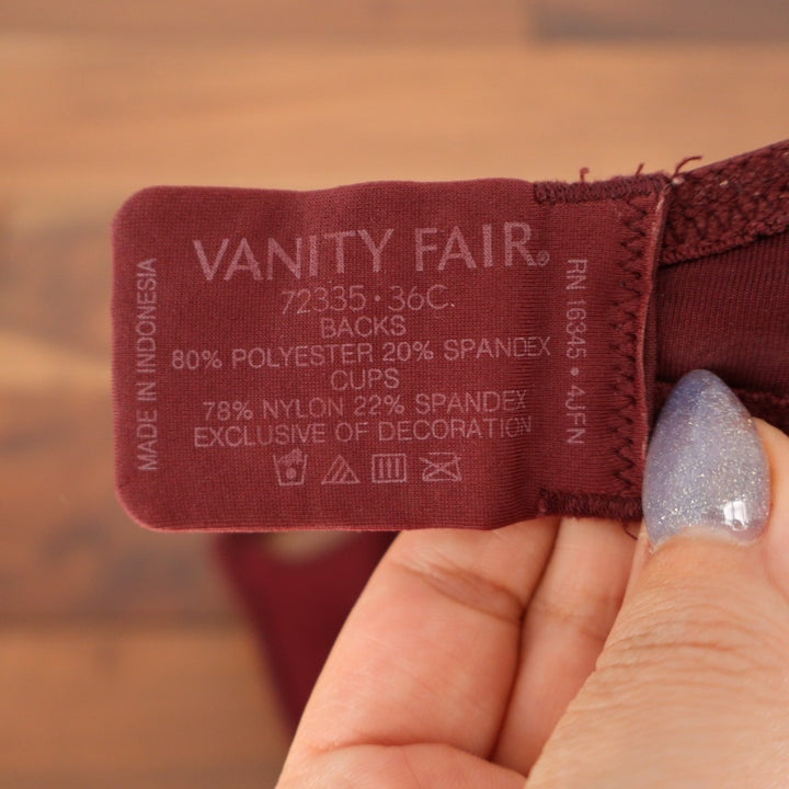 Vanity Fair Body Caress Bra Women's 34C Wine Stretch Full Coverage Wirefree