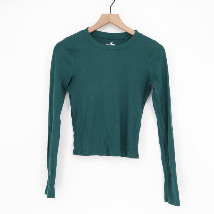 Hollister Must-Have Collection Dark Green Ribbed Long Sleeve Crew Neck Top