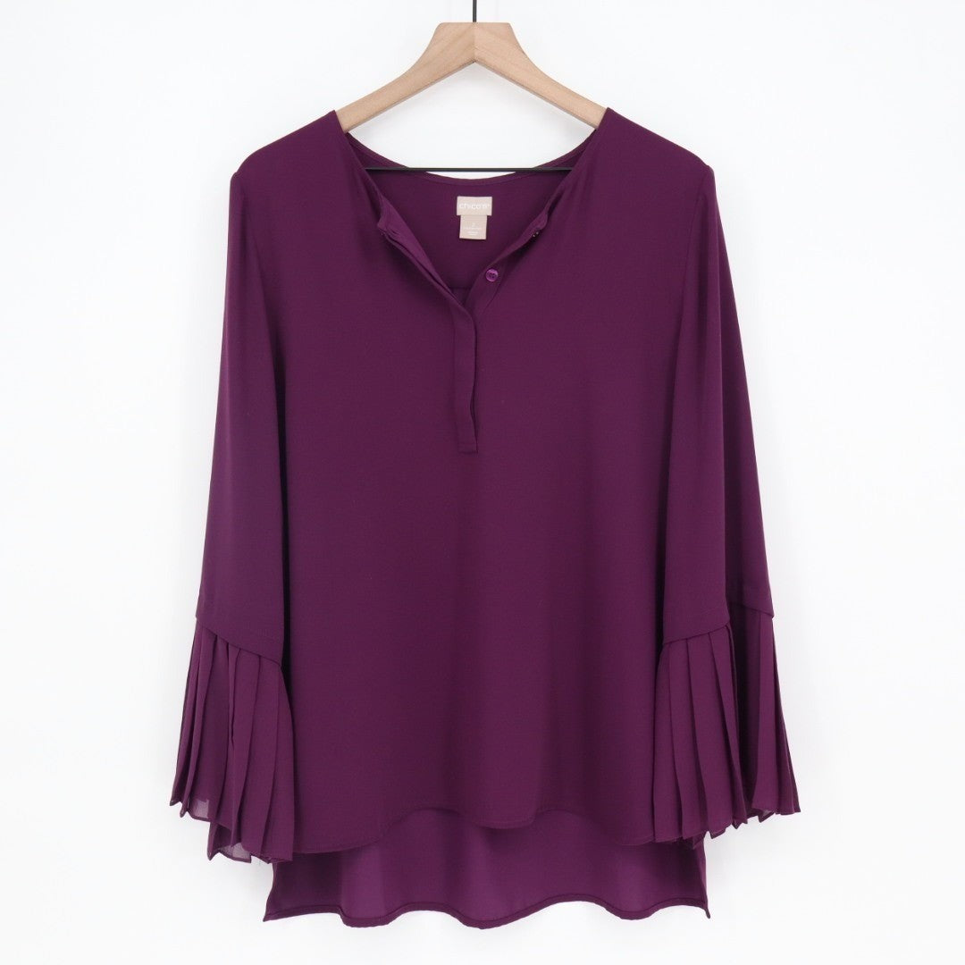Chicos Tunic Top Women 12/14 Purple Pleated Bell Sleeves Round Neck High Low Hem