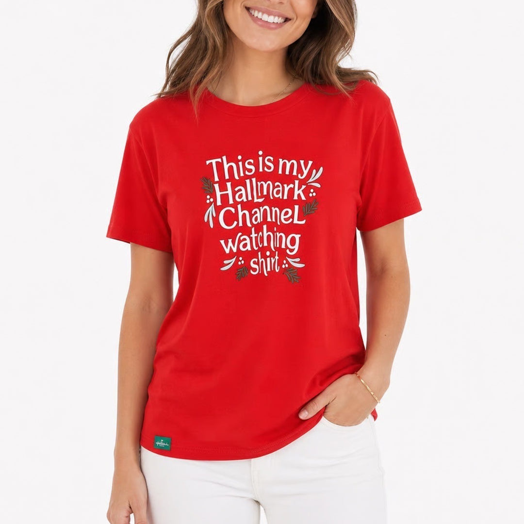 Hallmark Channel Womens Red Graphic T-Shirt Christmas Movie Watching Shirt Med