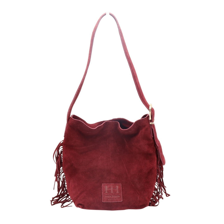Haute Hippie Fringe Suede Bucket Bag Womens Burgundy Inner Pocket Shoulder Strap