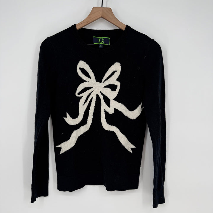 C Wonder Black Knit Sweater Cream Bow Applique Crew Neck Long Sleeve Size S