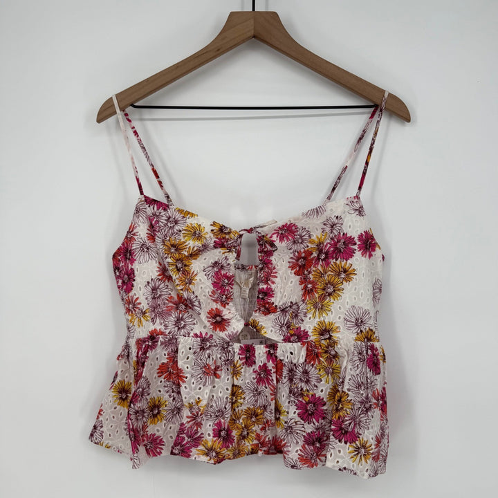 Waverly Eyelet Floral Cami Top Peplum Cutout Magenta Daisies XL
