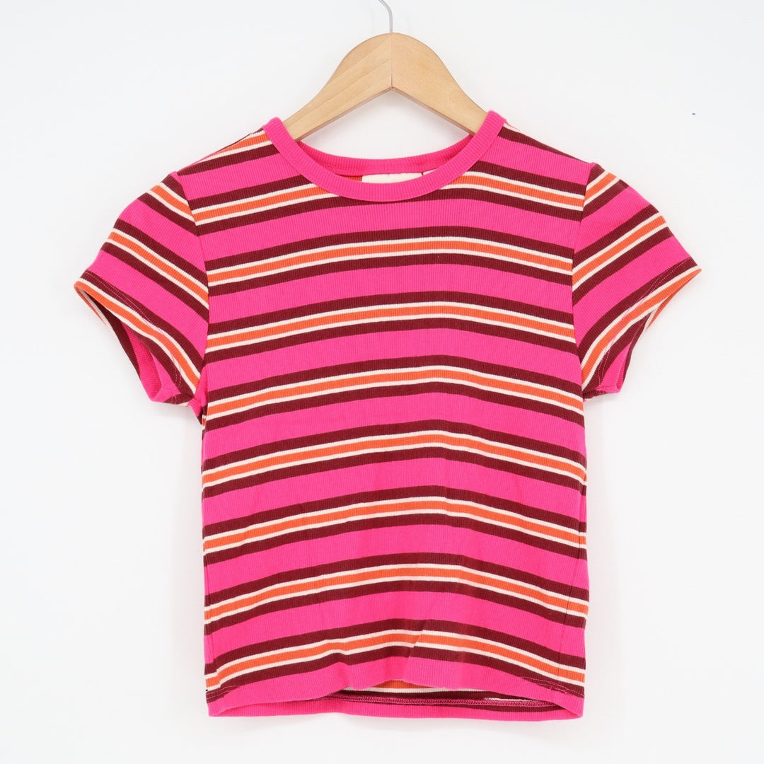 Maeve Anthropologie Womens Pink Striped Ribbed Short Sleeve Baby Tee M
