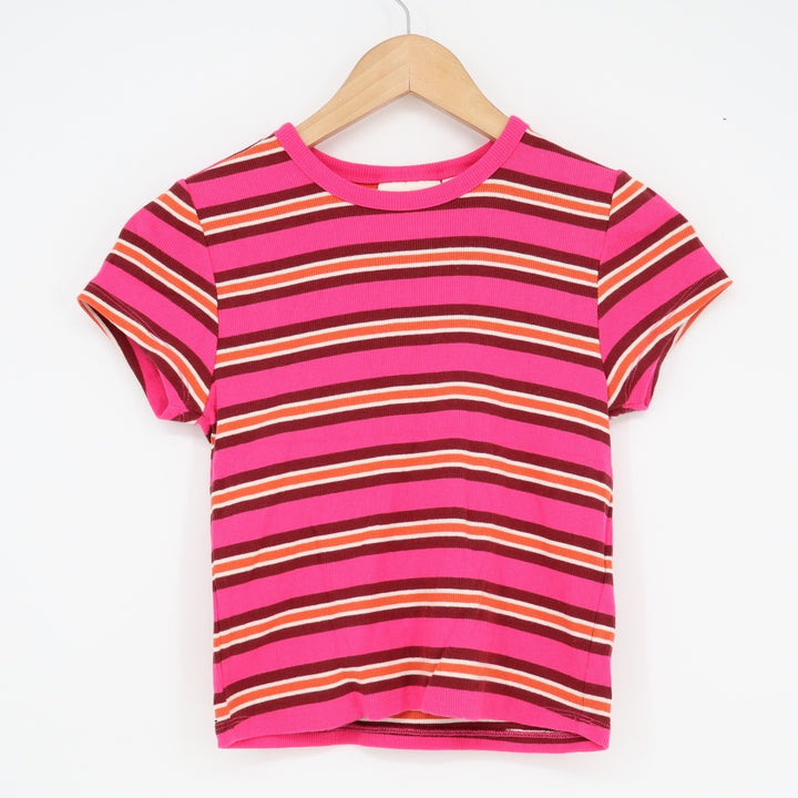 Maeve Anthropologie Womens Pink Striped Ribbed Short Sleeve Baby Tee M