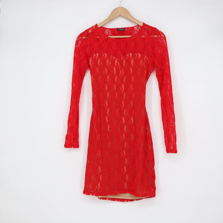Express Red Floral Lace Open Back Long Sleeve Mini Bodycon Dress XS 10368