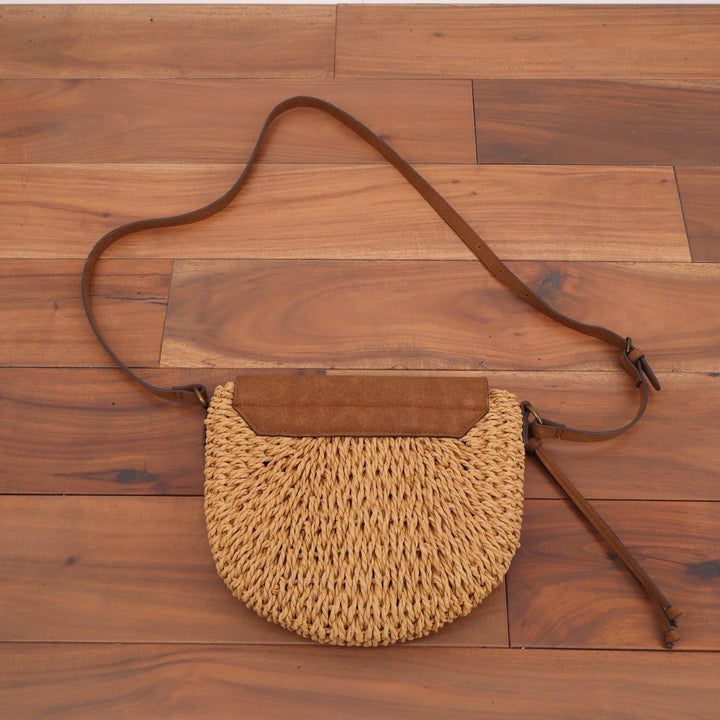 Sun N Sand Tan Woven Straw Crossbody Bag Brown Faux Suede Flap Half Moon Purse