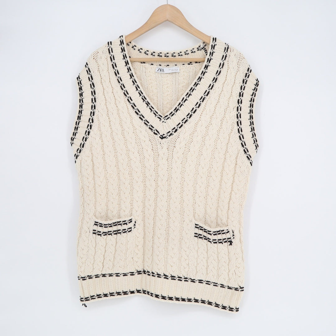 Zara Womens Small Cream Cable Knit V-Neck Sweater Vest Black Contrast Trim