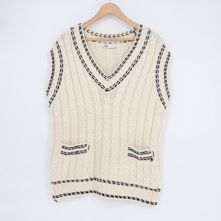 Zara Womens Small Cream Cable Knit V-Neck Sweater Vest Black Contrast Trim