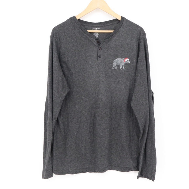 Lucky Brand Pajama Shirt Mens Large Charcoal Gray Cotton Henley Neck Sleepwear