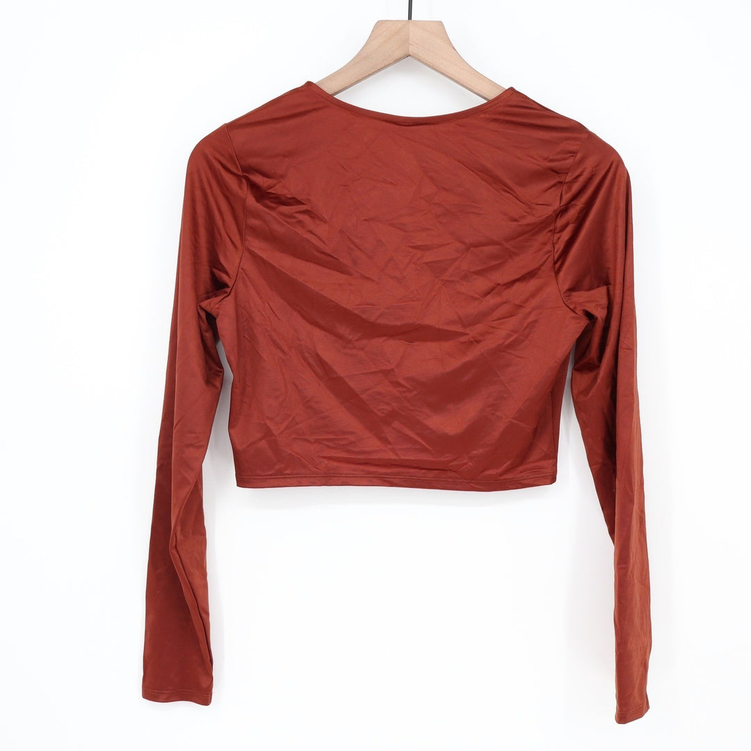 Calia Womens Ruched Rash Guard Red Brown Shine Long Sleeve Crop Top UPF 50+ M