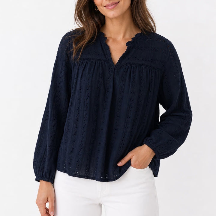 Style & Co Navy Blue Eyelet Embroidered Cotton Blouse 2X Plus Boho Ruffle Top