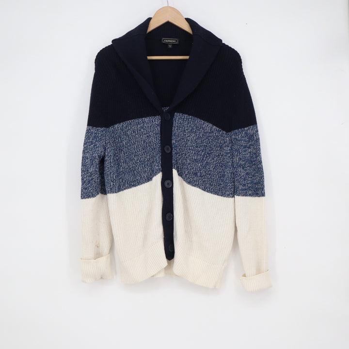 Express Mens Colorblock Shawl Collar Cardigan Sweater Navy Blue White Large