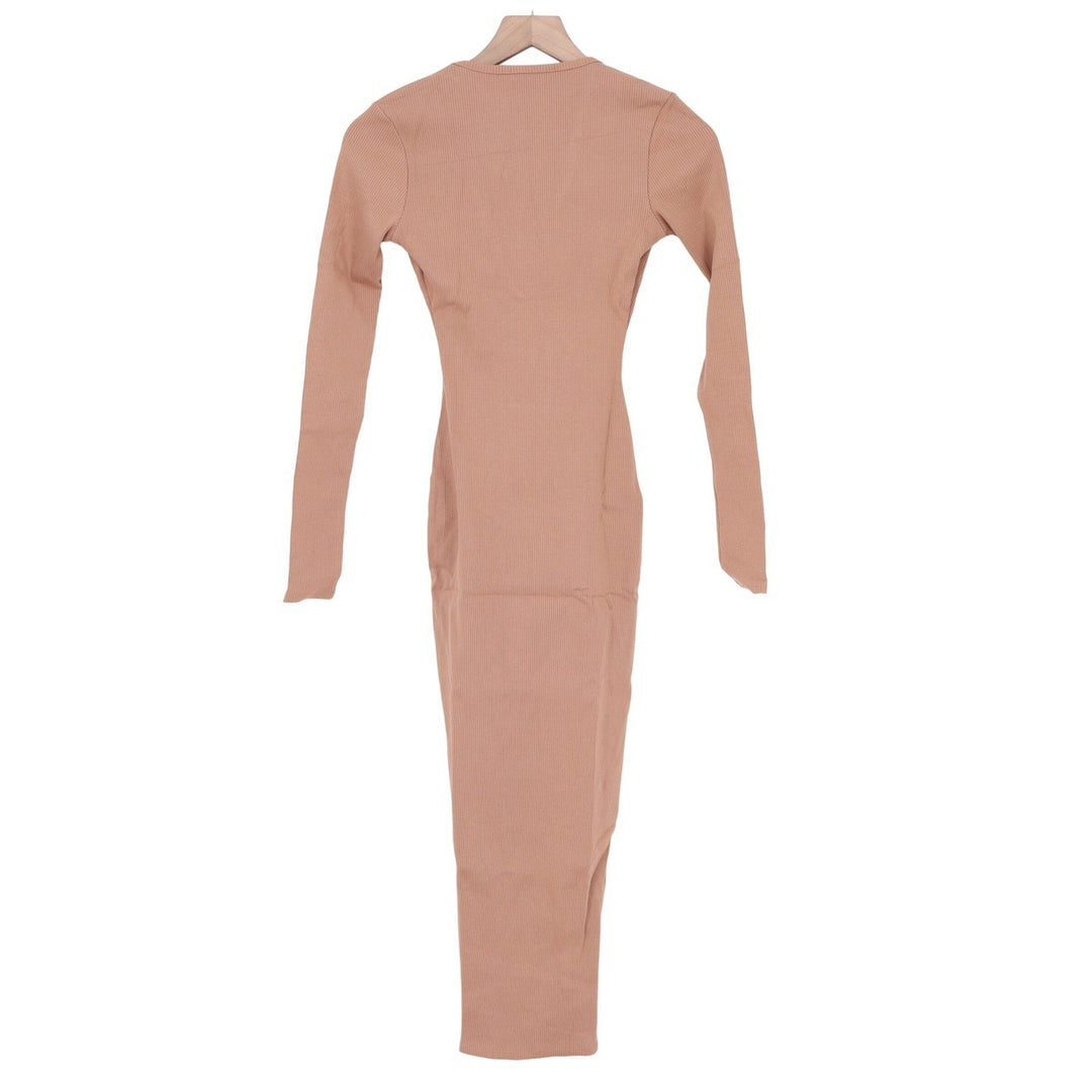 Naked Wardrobe Ribbed Deep V-Neck Maxi Dress Tan Long Sleeve Small